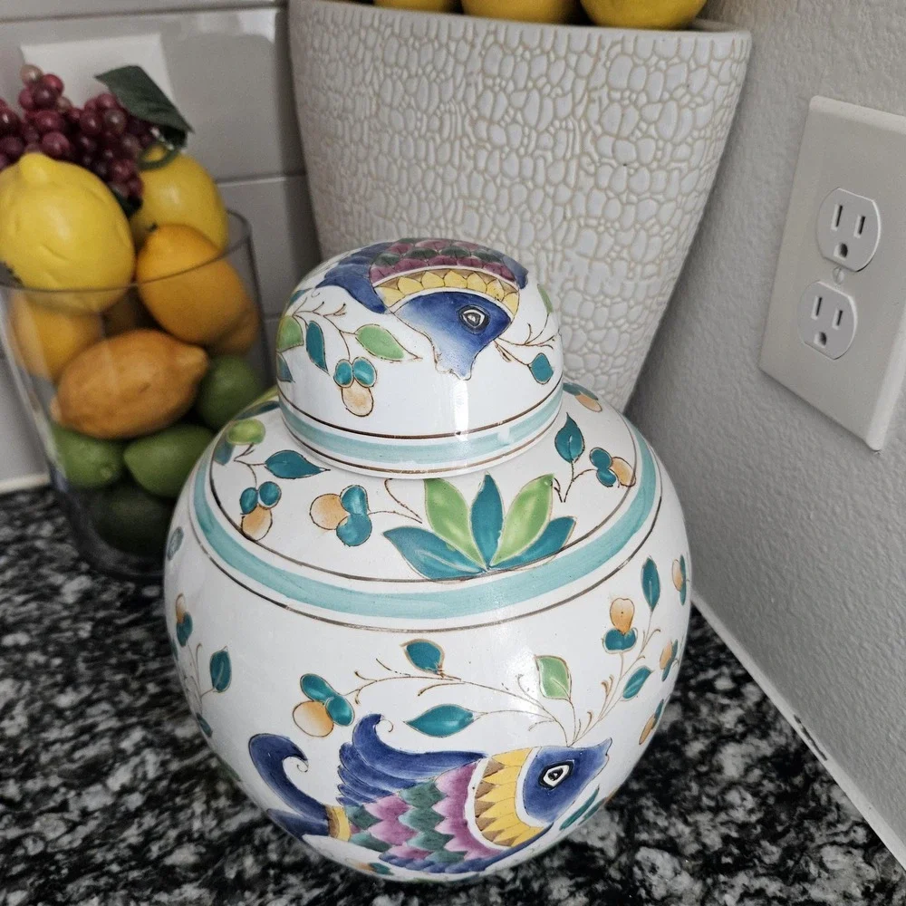 Porcelain Fish Chinese Asian Chinoiserie‎ Ginger Jars  stamped with makers mark